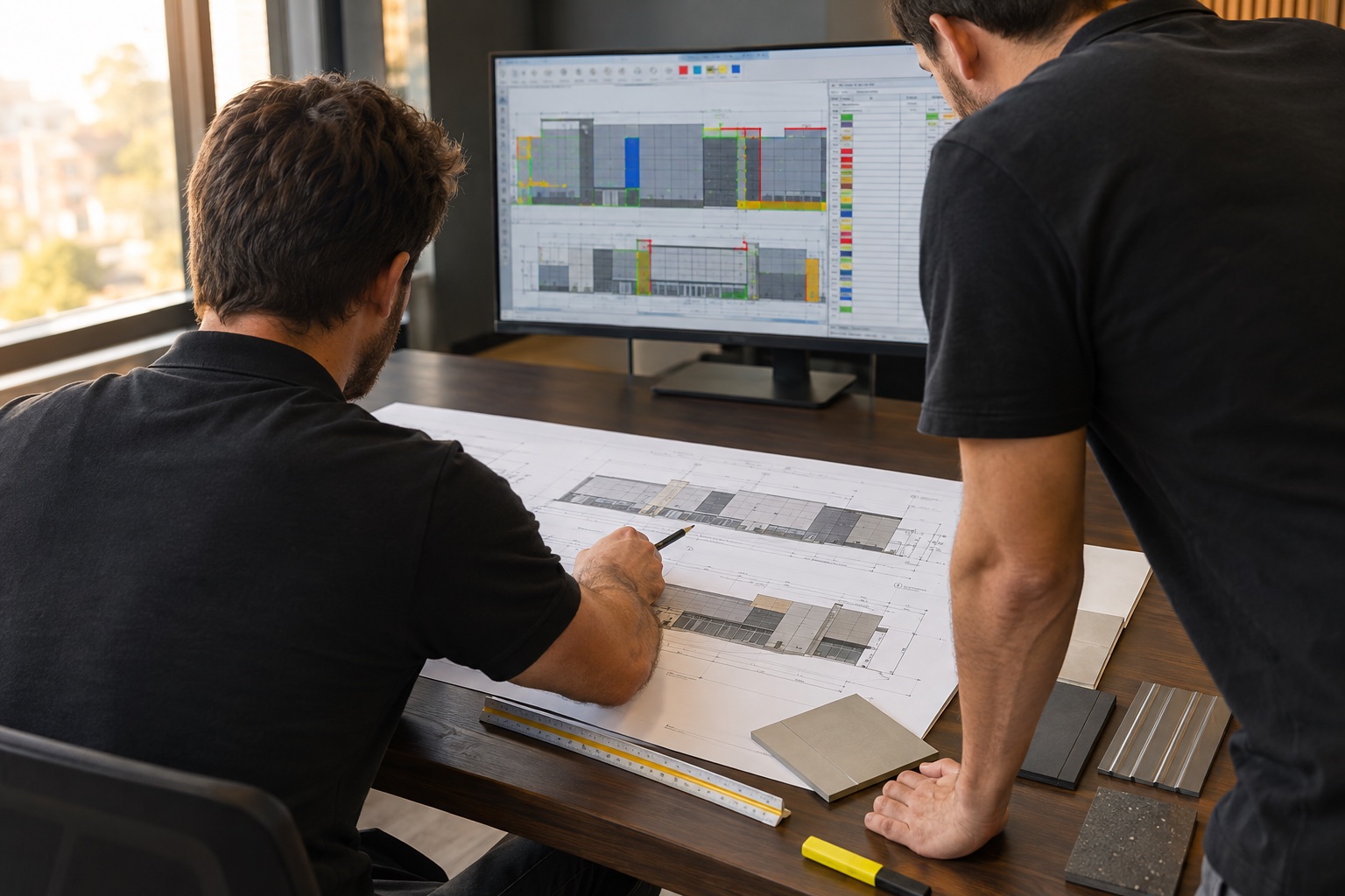 Two estimators reviewing facade elevation drawings beside a takeoff screen and cladding samples