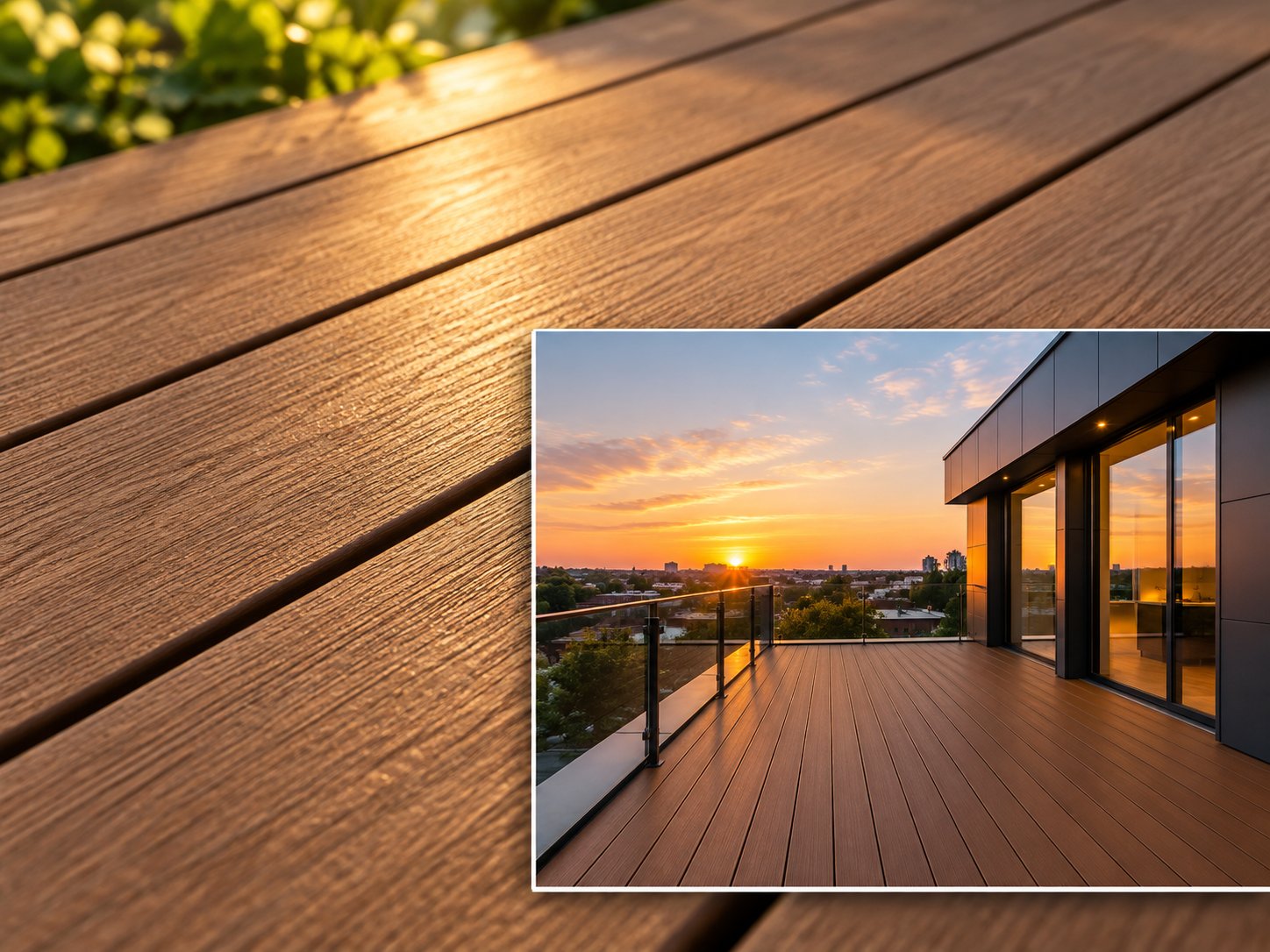 Composite deck boards behind a finished rooftop terrace with a glass guardrail at sunset