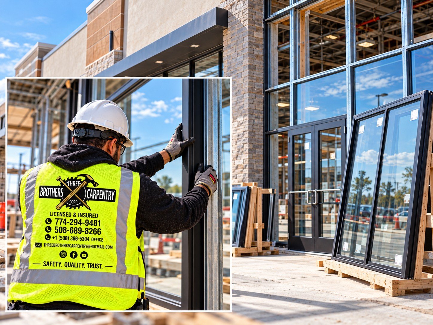 Installer setting a glazed door frame at a storefront opening