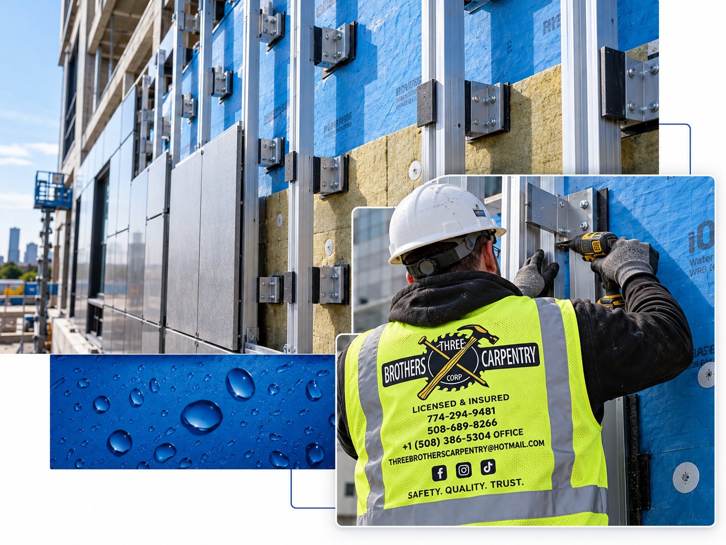 Installer fastening rainscreen rails and clips over insulation and air barrier