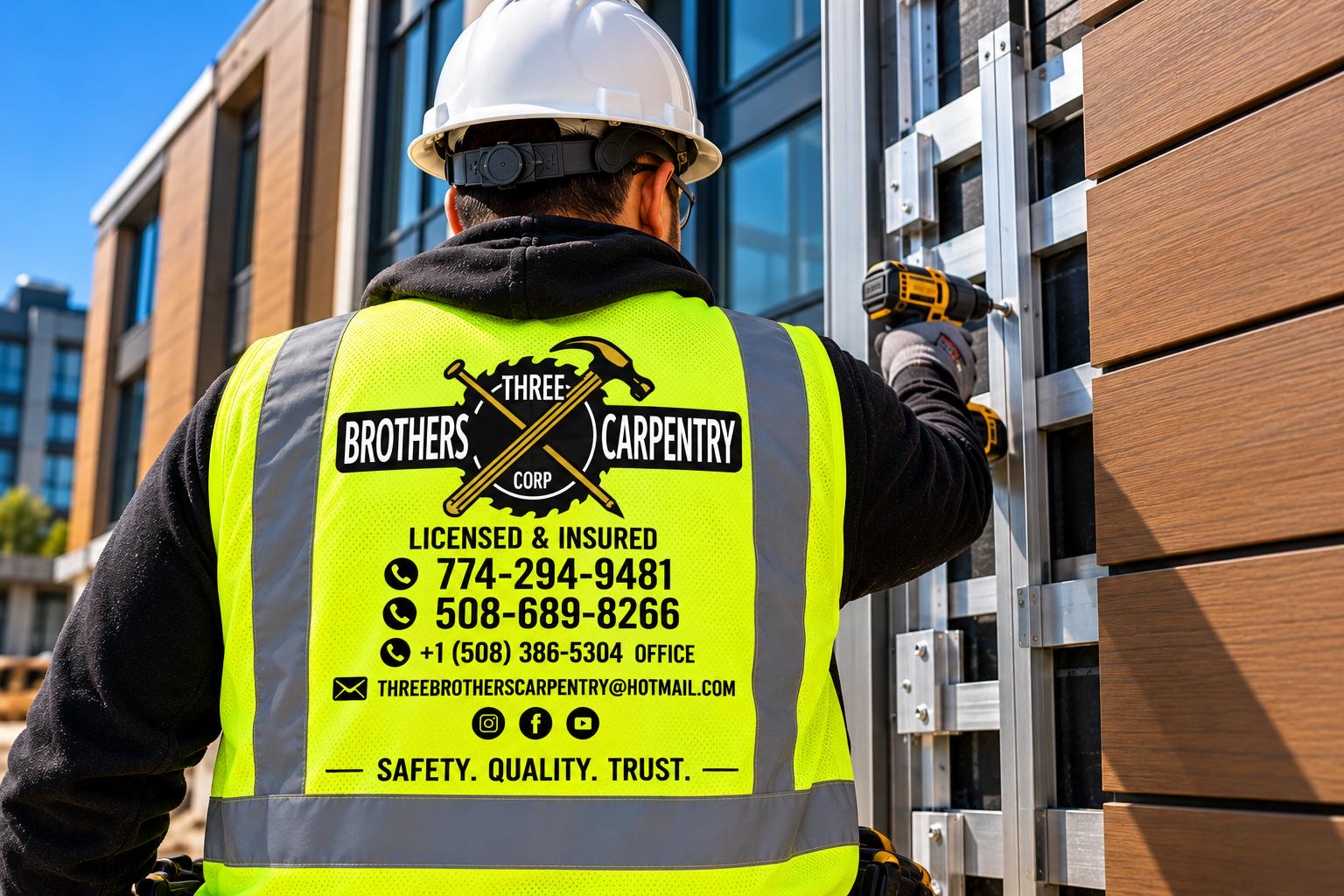 Three Brothers Carpentry installer in a branded safety vest fastening rainscreen rails beside wood-tone cladding